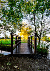 Obraz premium Holzbrücke am Fluss mit Bäumen in herbstlichen Farben