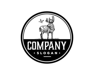 Hand Drawing Vector Deer with Flying Duck Animal Wild Sign Symbol Vintage Company Circle Logo Template Design Inspiration
