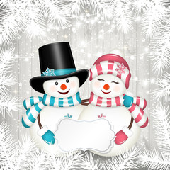 Christmas card with snowman on old white wooden background.