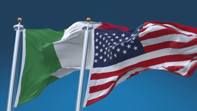 4k Seamless United States of America And Italy Flags with blue sky background,A fully digital rendering,The flag 3D animation loops at 20 seconds,USA ITA.