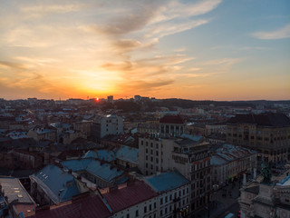 Obraz premium beauty sunset over old european city. birds eye view