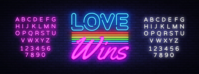 Love Wins Neon Text Vector. Love Wins neon sign, design template, modern trend design, night neon signboard, night bright advertising, light banner. Vector illustration. Editing text neon sign