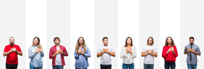 Collage of different ethnics young people over white stripes isolated background smiling with hands on chest with closed eyes and grateful gesture on face. Health concept.