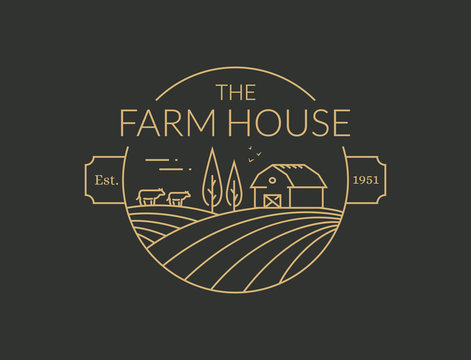 Farm House outline logo. Vector line emblem.