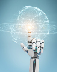 White robot hand using globe network hologram with America Usa map 3D rendering