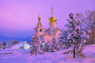 Winter wonderland in Khabarovsk. St. Seraphim of Sarov Church. Far East, Russia.