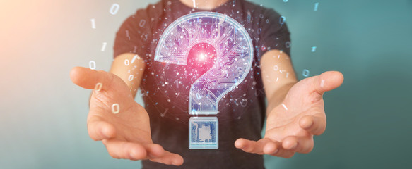 Businessman solving problem with digital question marks 3D rendering
