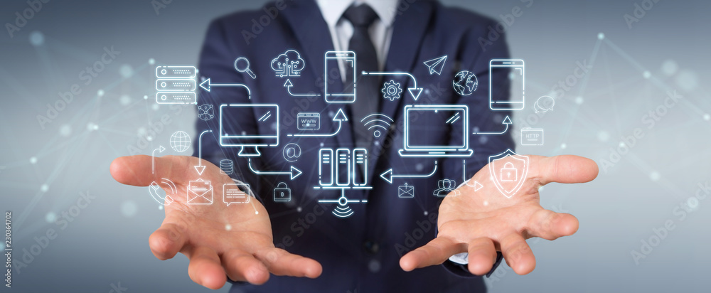 Poster Businessman using tech devices and icons thin line interface