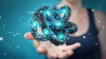 Businesswoman using futuristic torus textured object 3D rendering