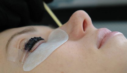 Beauty treatment. Cosmetologist puts black paint on the lashes. laminating eyelashes. Closeup face side view.