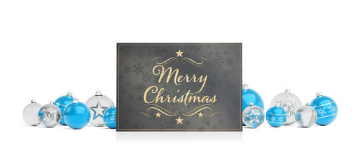 Christmas card greetings laying on isolated blue white baubles 3D rendering