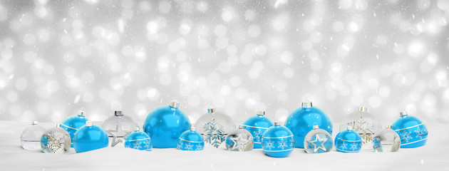 Blue and silver christmas baubles background 3D rendering