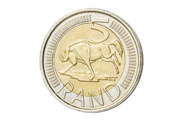 South African 5 rand coin introduced in 2004 closeup with symbol of wildebeest of South Africa....