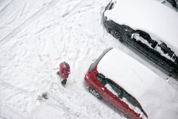 Child play in snow around cars in parking lot