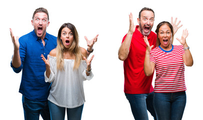Obraz premium Collage of young and mature couple in love over isolated background celebrating crazy and amazed for success with arms raised and open eyes screaming excited. Winner concept