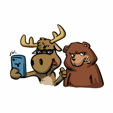 Moose and bear  taking selfie cute cartoon vector illustration 