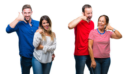 Fototapeta premium Collage of young and mature couple in love over isolated background smiling doing phone gesture with hand and fingers like talking on the telephone. Communicating concepts.
