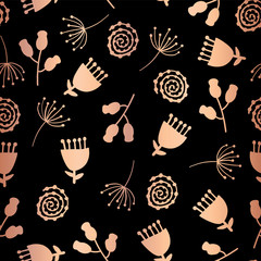 Copper foil tulip flower vector seamless pattern background. Elegant rose gold florals on black backdrop. Elegant design for gift wrap, party, birthday card, wedding, celebration, invitations
