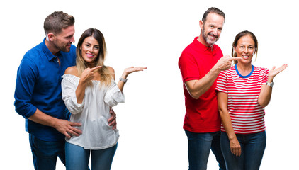 Collage of young and mature couple in love over isolated background amazed and smiling to the camera while presenting with hand and pointing with finger.
