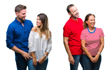 Fototapeta premium Collage of young and mature couple in love over isolated background looking away to side with smile on face, natural expression. Laughing confident.