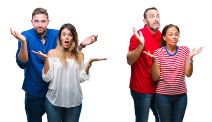 Collage of young and mature couple in love over isolated background clueless and confused...