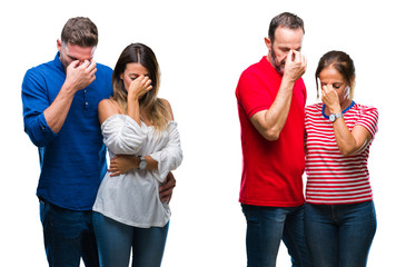 Collage of young and mature couple in love over isolated background tired rubbing nose and eyes feeling fatigue and headache. Stress and frustration concept.