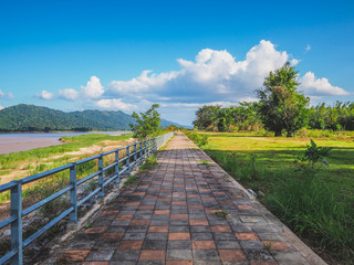 Empty brick road with beautiful view background.