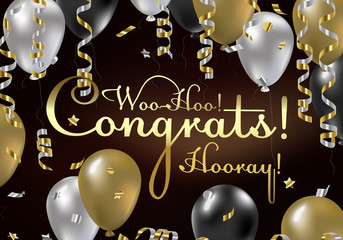 Congratulations vector illustration. Happy Birthday! You are invited to a party! Balloons, streamers, confetti, gold and silver. Congrats on the holiday.