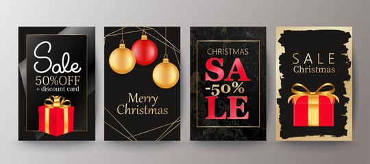 Christmas and New Year sale banner. Holiday background design with gift box, gold and red baubles.