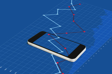 Mobile smart phone and blue raising graph background