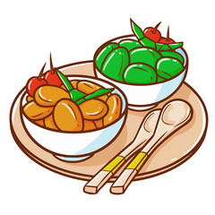 Funny and cute fresh 2 bowls sugar palm fruit or "kolang-kaling" in Bahasa Indonesia. Fresh dessert for Ramadan - vector.=
