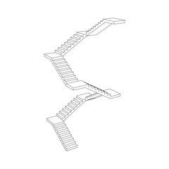Staircase with platforms. Vector outline illustration.