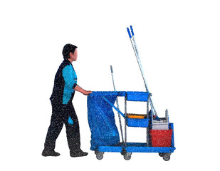 Cleaning lady with janitor cart. Isolated on white background.