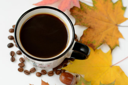 A mug of hot black coffee with steam, dry fallen maple leaves, grains and acorn during golden autumn.