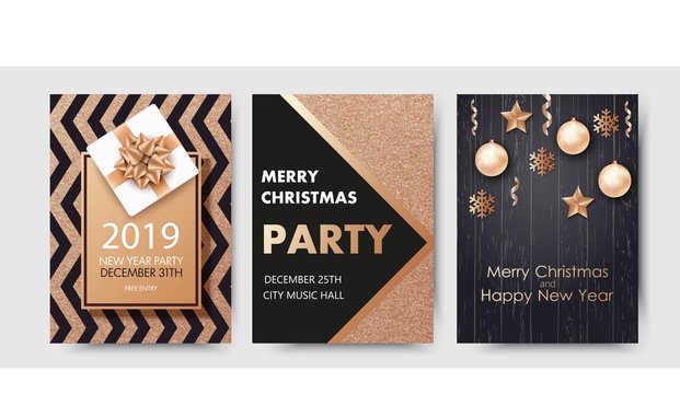 Vector Illustration Of Happy New Year 2019 And Merry Christmas Brochure, Flyer, Party, Holiday Invitation