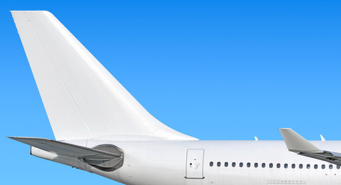 Modern passenger jet aircraft side tail silhouette with aircraft parts wing winglet passenger window aft exit stabilizer fin antenna jet engine exhaust design air travel isolated on sky white scheme