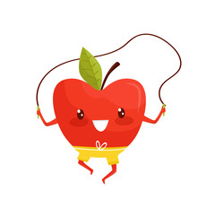 Funny red apple exercising with jumping rope, sportive fruit cartoon character doing fitness exercise vector Illustration on a white background