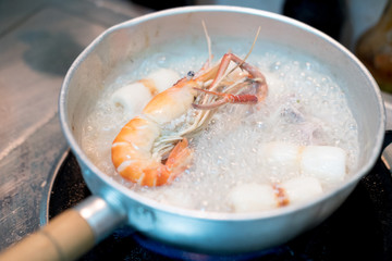 Delicious shrimp boiled in a pot