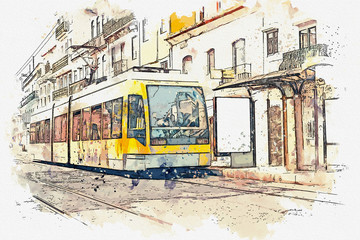 Obraz na płótnie Canvas Sketch with watercolor or illustration of a traditional tram moving down the street in Lisbon in Portugal.
