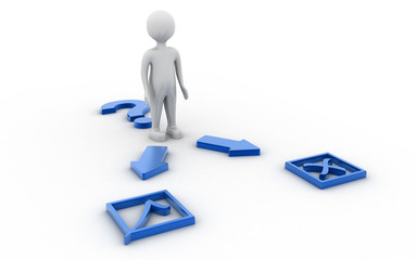 3d rendered small person with a wrong symbol and a right symbol Isolated on white background