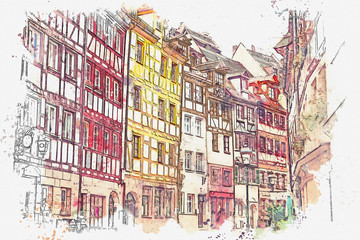 A watercolor sketch or an illustration of traditional German architecture in Nuremberg in Germany.