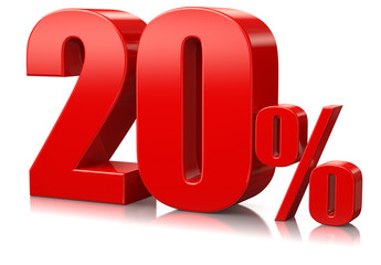 Red twenty percent on white reflective background. 3d rendering. Illustration for advertising.