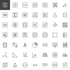 Mathematics outline icons set. linear style symbols collection, line signs pack. vector graphics. Set includes icons as math, percentage, geometry, algebra, arithmetic, calculator, exam paper book