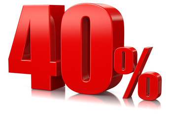 Red forty percent on white reflective background. 3d rendering. Illustration for advertising.