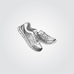 Hand Drawn Sneakers Sketch Symbol isolated on white background. Vector Sport shoes In Trendy Style. Accessories and sport equipment hand drawing sketches elements