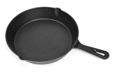Cast iron pan with empty space, isolated on white background. Cut out object with top view or high angle view and copy space. © eivaisla