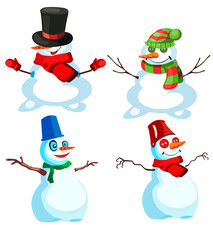 Set of four snowmen in various headdresses and in different scarves