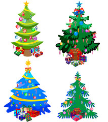 Star decorations, balls and light chains decorated Christmas trees with lots of gift boxes.