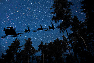 silhouette of a flying goth santa claus against the background of the night sky. 