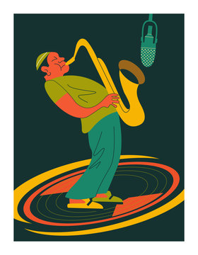Poster music festival, retro party in the style of the 70's, 80's. Vector illustration. Afro musician saxophonist. Jazz music.